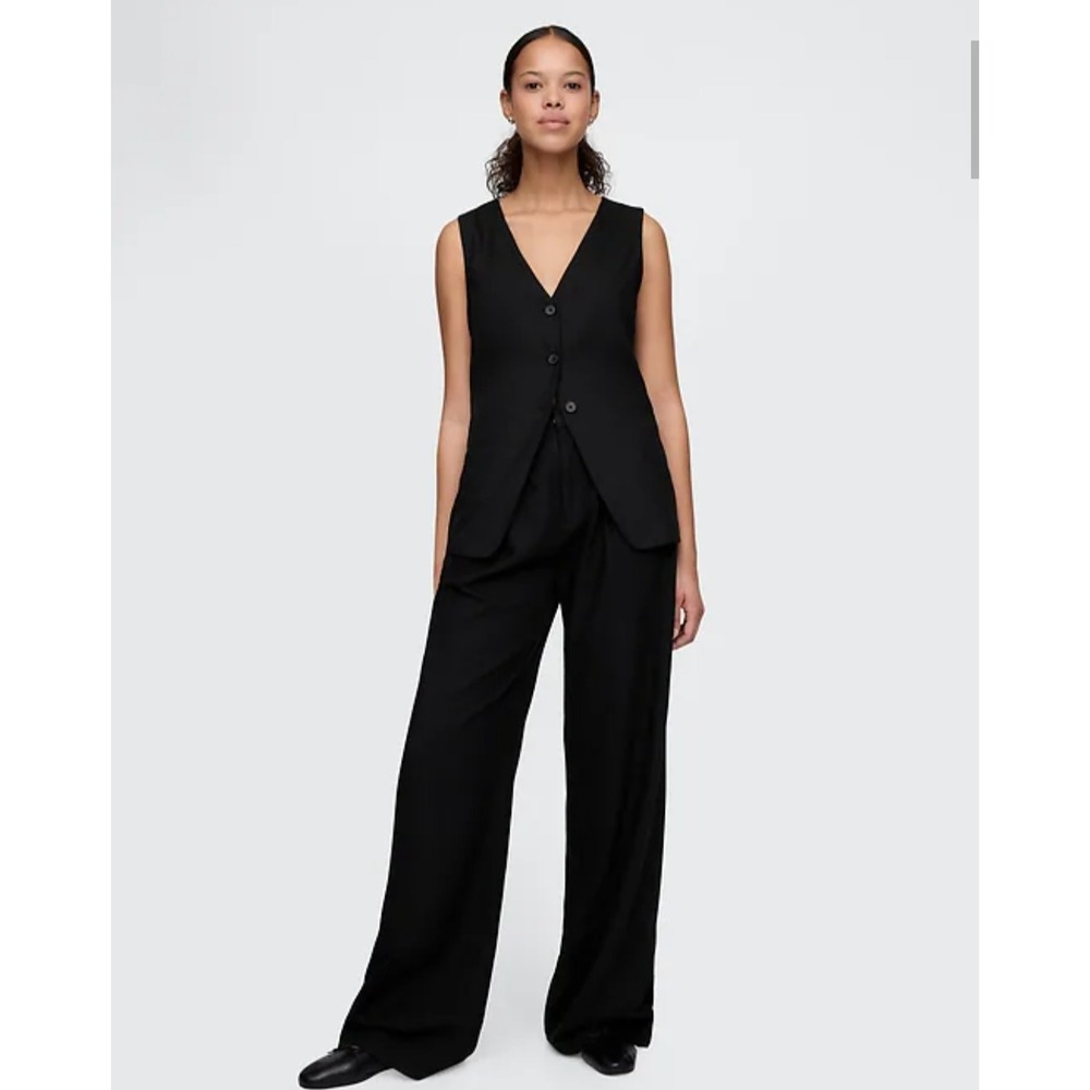 New Gap Pants Size 12 Linen Blend Wide Leg Trousers Pleated High Rise Black Chic